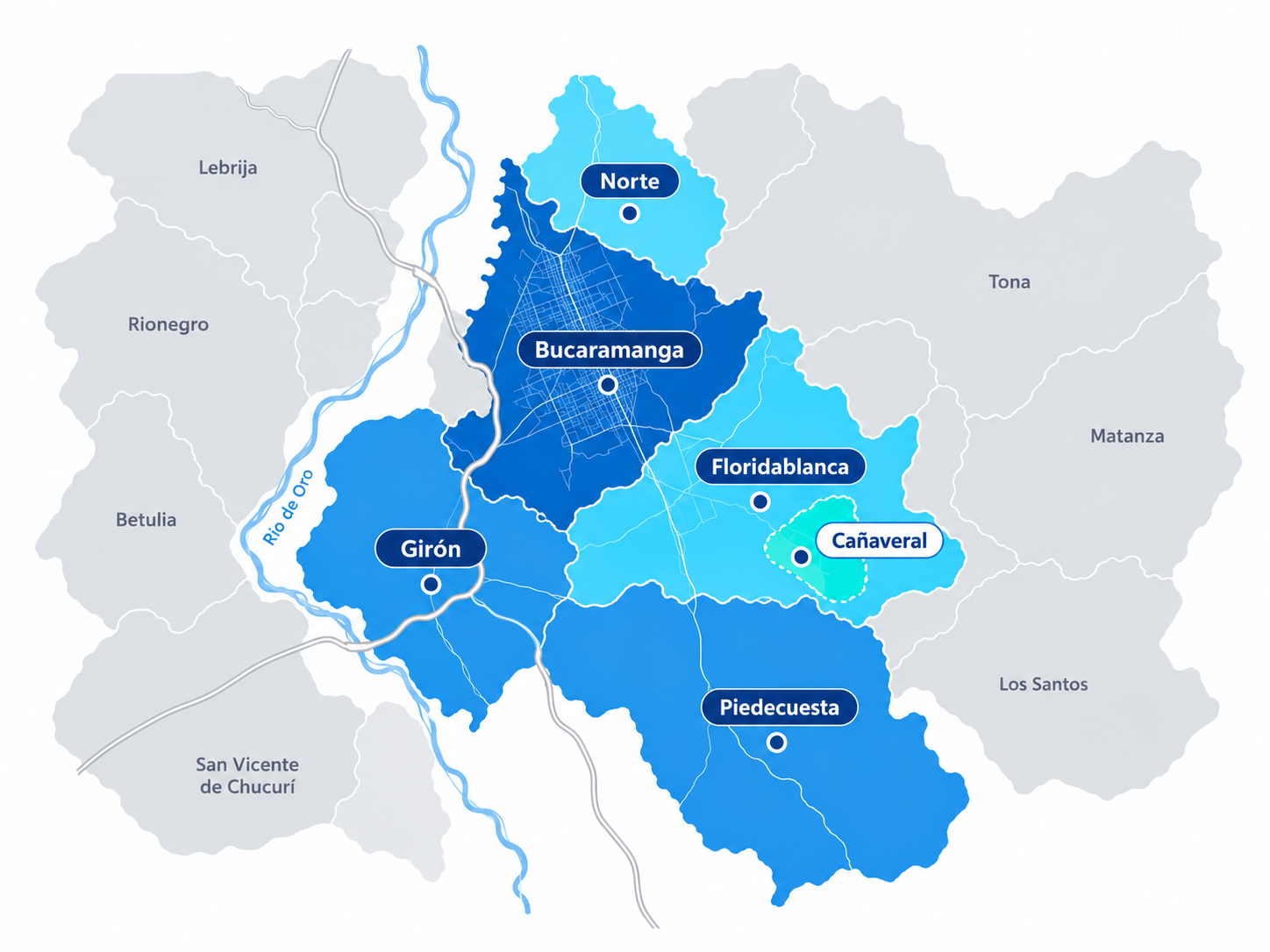 Mapa ilustrado de cobertura ENVAX en Bucaramanga, Girón, Piedecuesta, Floridablanca, Cañaveral y Norte